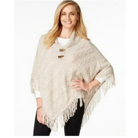 Karen Scott Sweater Poncho Cable Knit Sweater Fringe LG XL - Picture 14 of 14